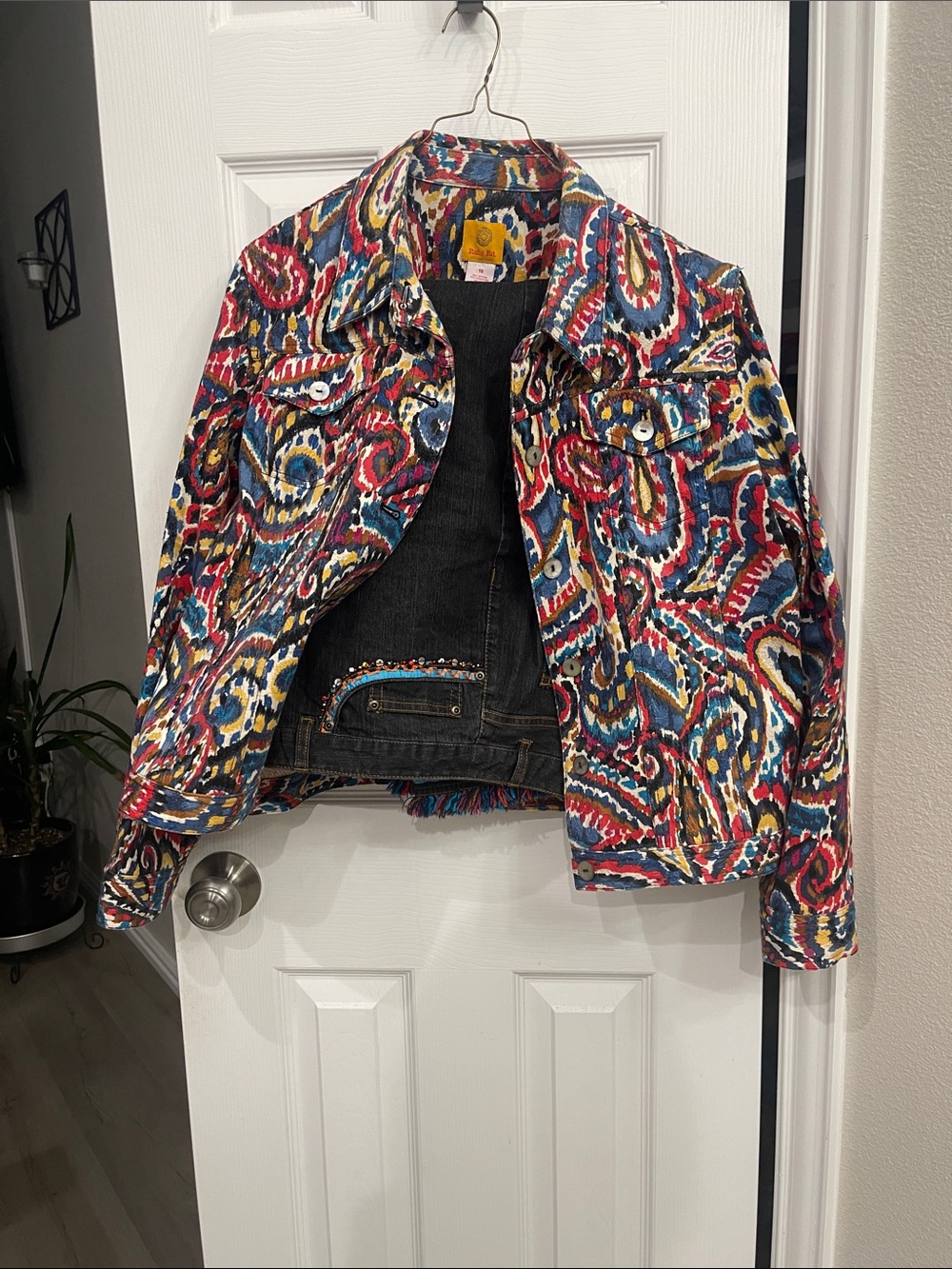 Ruby Rd. Multicolor Paisley Corduroy Jean Jacket with matching jeans.